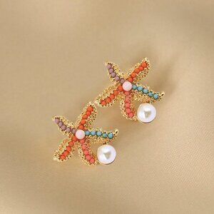 Sweet Bohemian Style Colorful Starfish and Faux Pearl Earrings For Teens